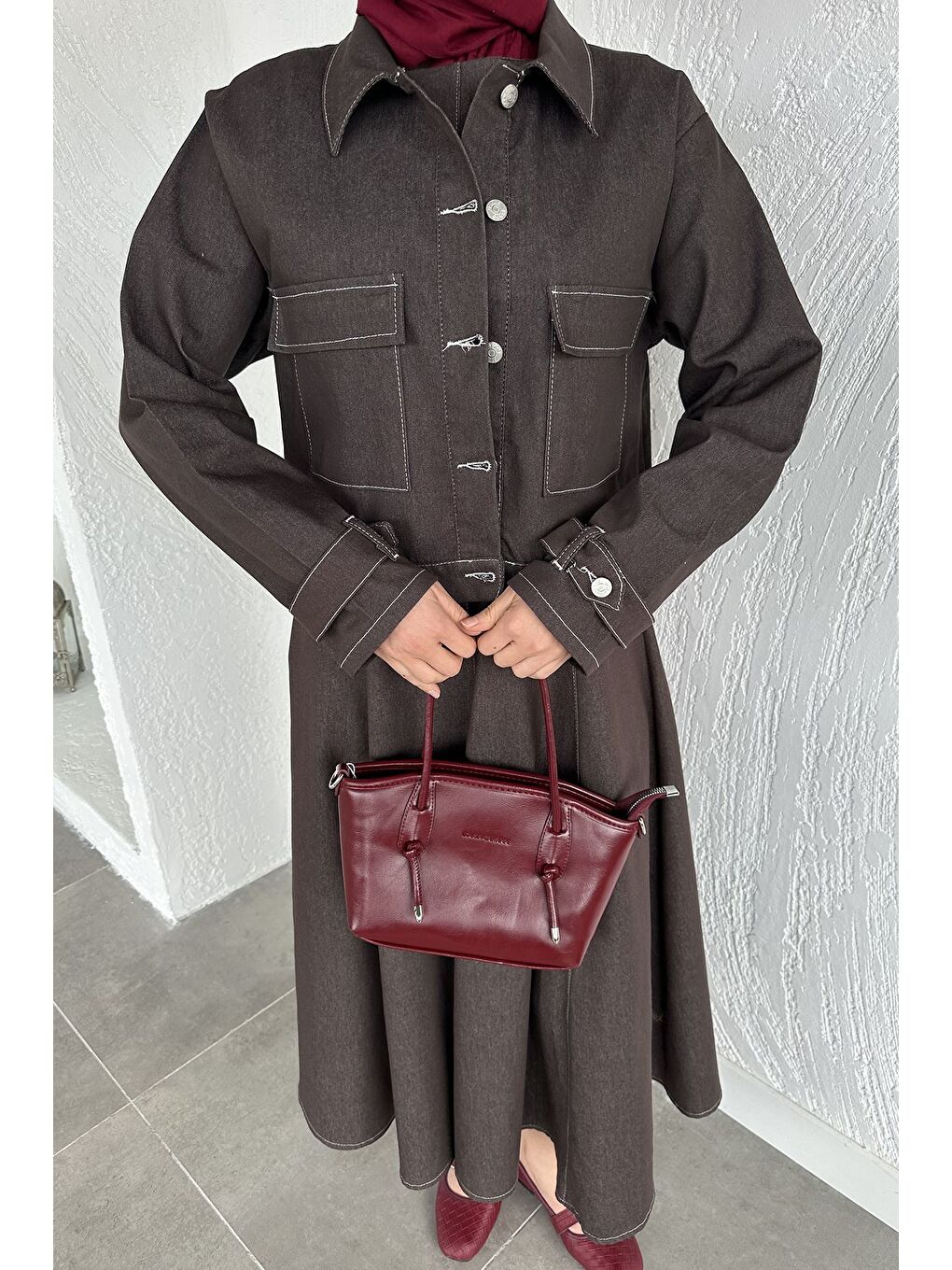 Kahverengi Jean Jean Jile Elbise Ceket Tesettür İkili Takım-8