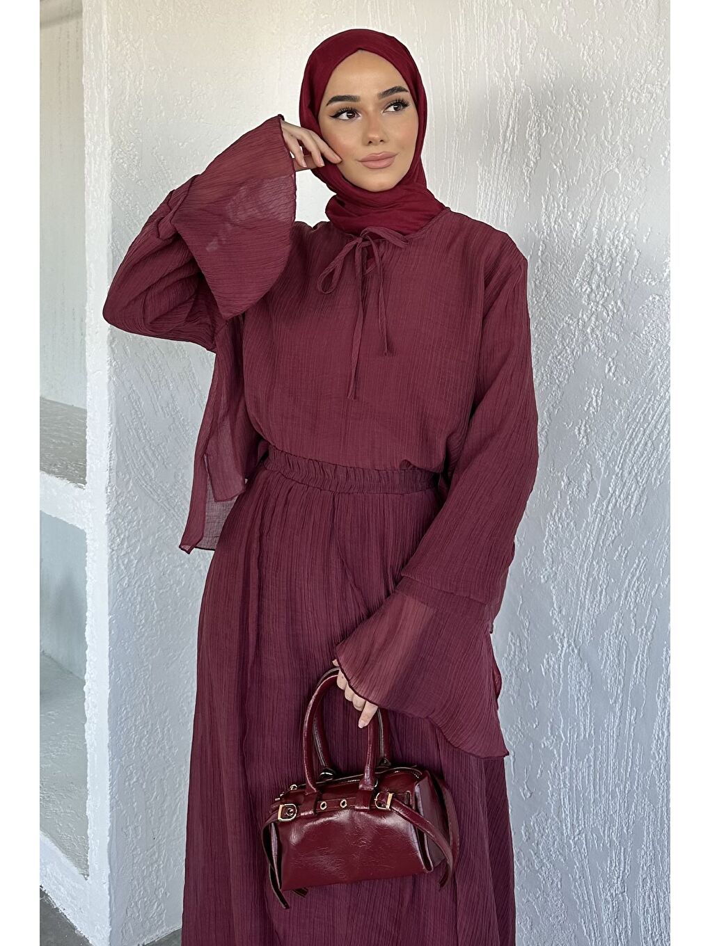 Bordo Salaş Bluz Etek Kombinli Tesettür İkili Takım-4