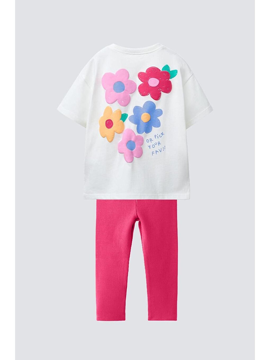 Kız Çocuk Pamuklu Ekru Çiçek Baskılı T-Shirt Ve Pembe Tayt Alt Üst Takım-5