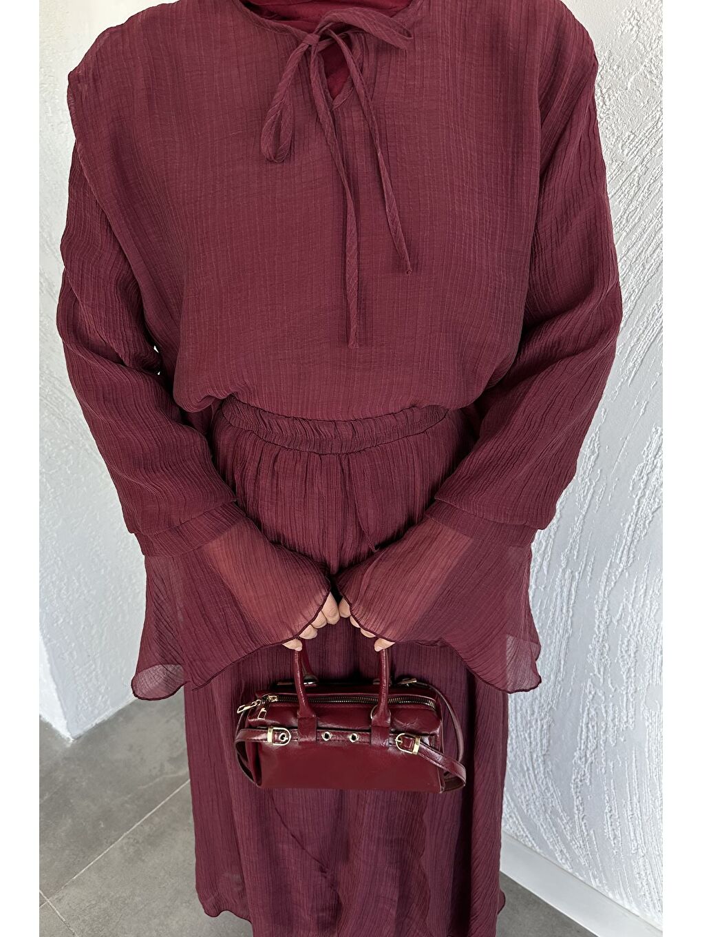 Bordo Salaş Bluz Etek Kombinli Tesettür İkili Takım-9