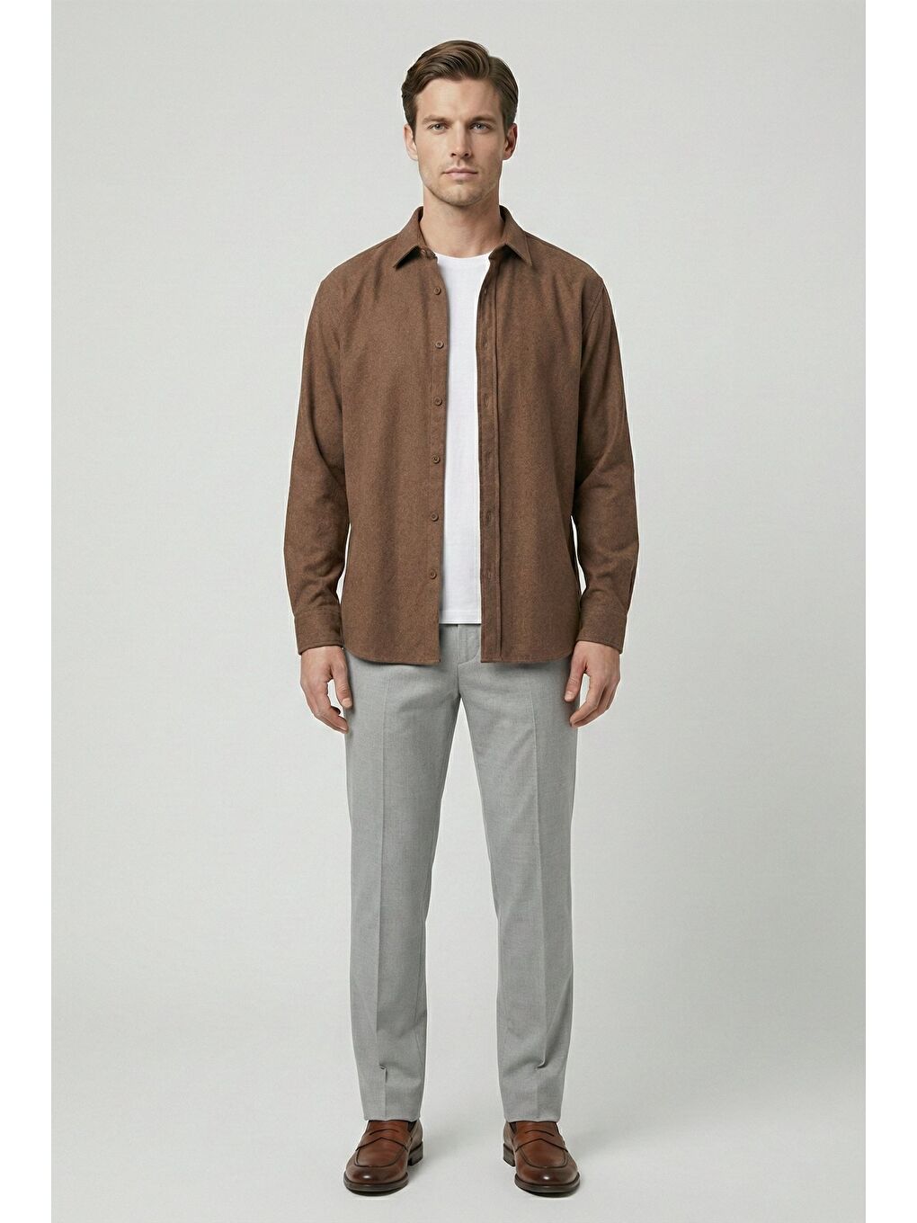 Kahverengi Kahve Regular Fit Pamuklu Uzun Kollu Düz Polo Yaka Erkek Gömlek-1