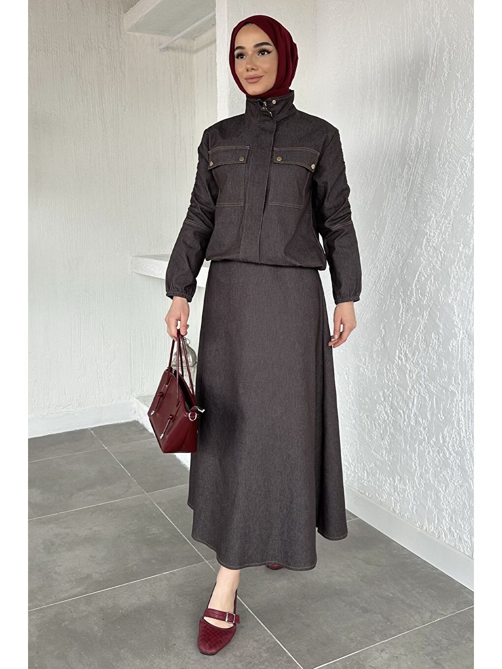 Bej Gülseli Fermuarlı Jean Ceket Etek Tesettür İkili Takım