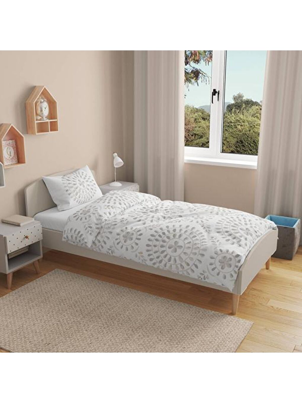 Soft Butas Tek Kişilik Nevresim Takımı - Ekru / Gri-1