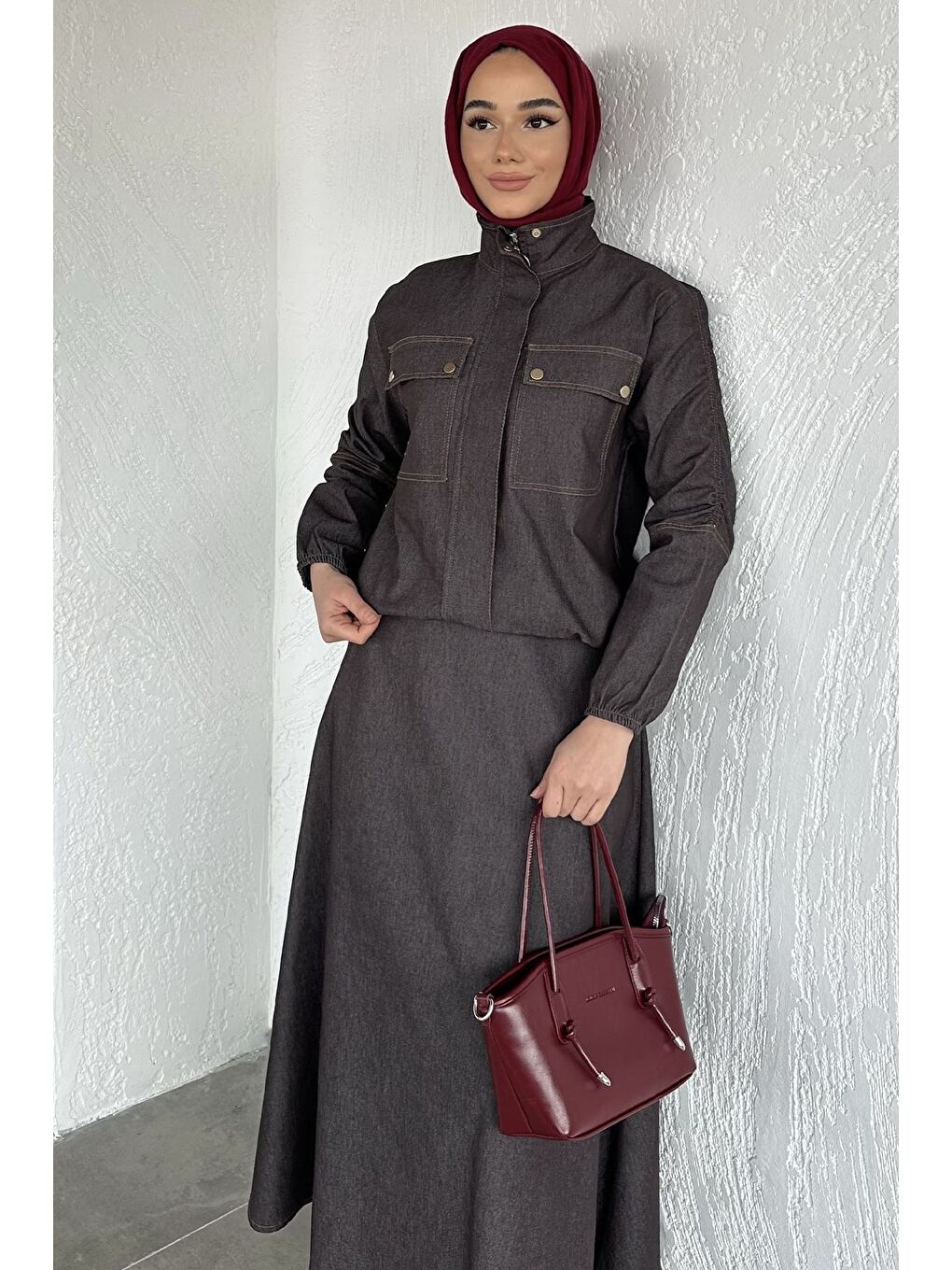 Bej Gülseli Fermuarlı Jean Ceket Etek Tesettür İkili Takım-3