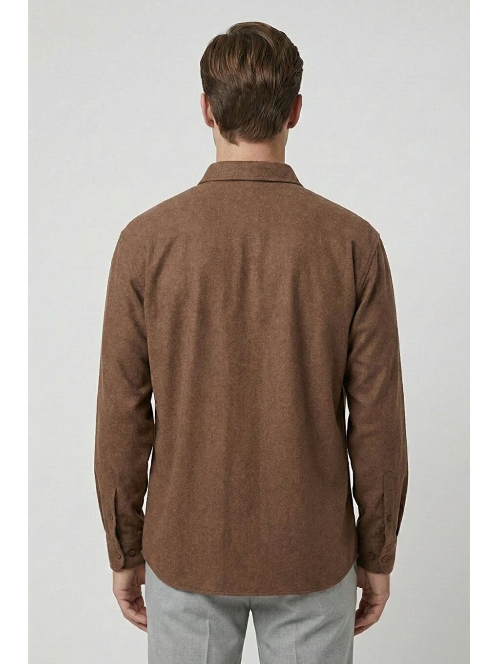 Kahverengi Kahve Regular Fit Pamuklu Uzun Kollu Düz Polo Yaka Erkek Gömlek-3