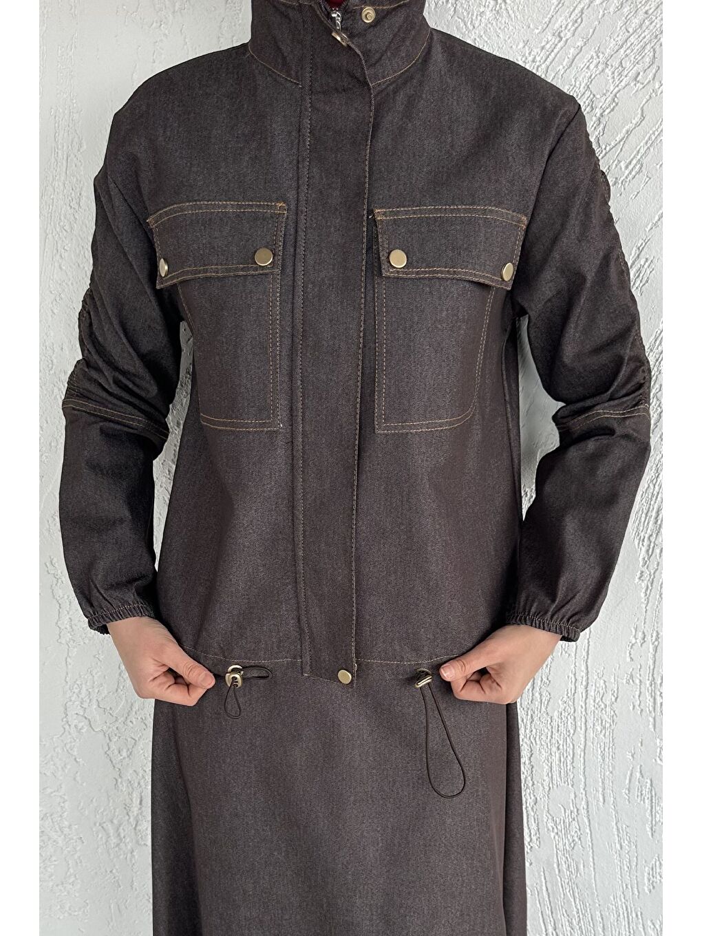 Bej Gülseli Fermuarlı Jean Ceket Etek Tesettür İkili Takım-4