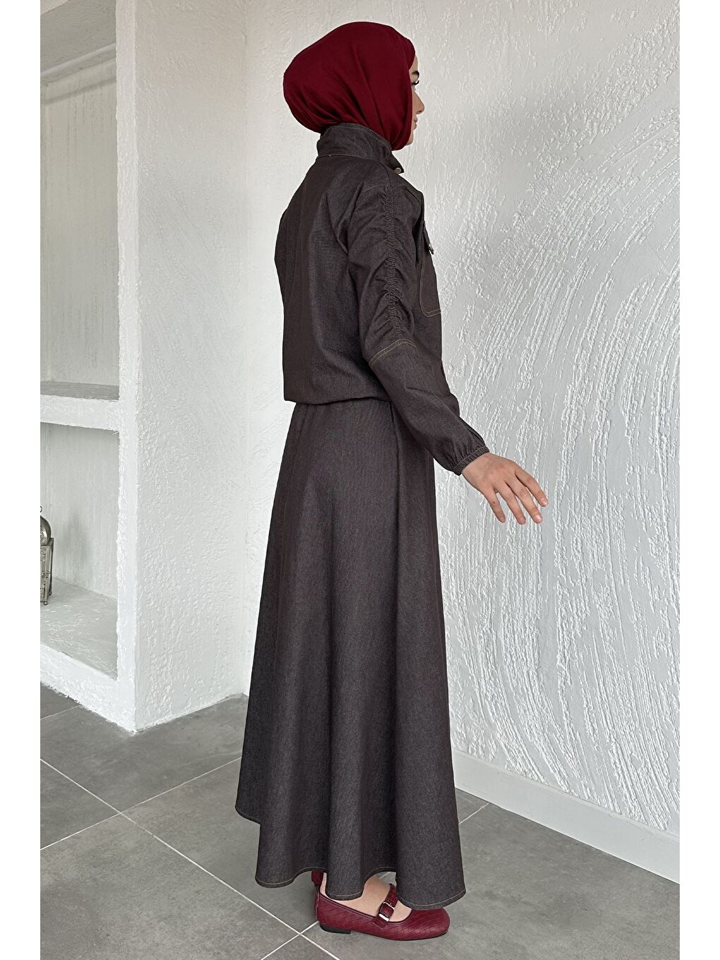 Bej Gülseli Fermuarlı Jean Ceket Etek Tesettür İkili Takım-6