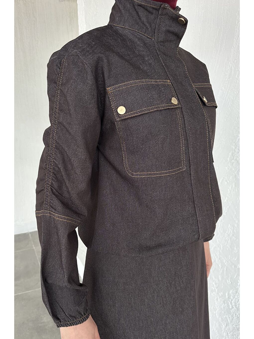 Bej Gülseli Fermuarlı Jean Ceket Etek Tesettür İkili Takım-9