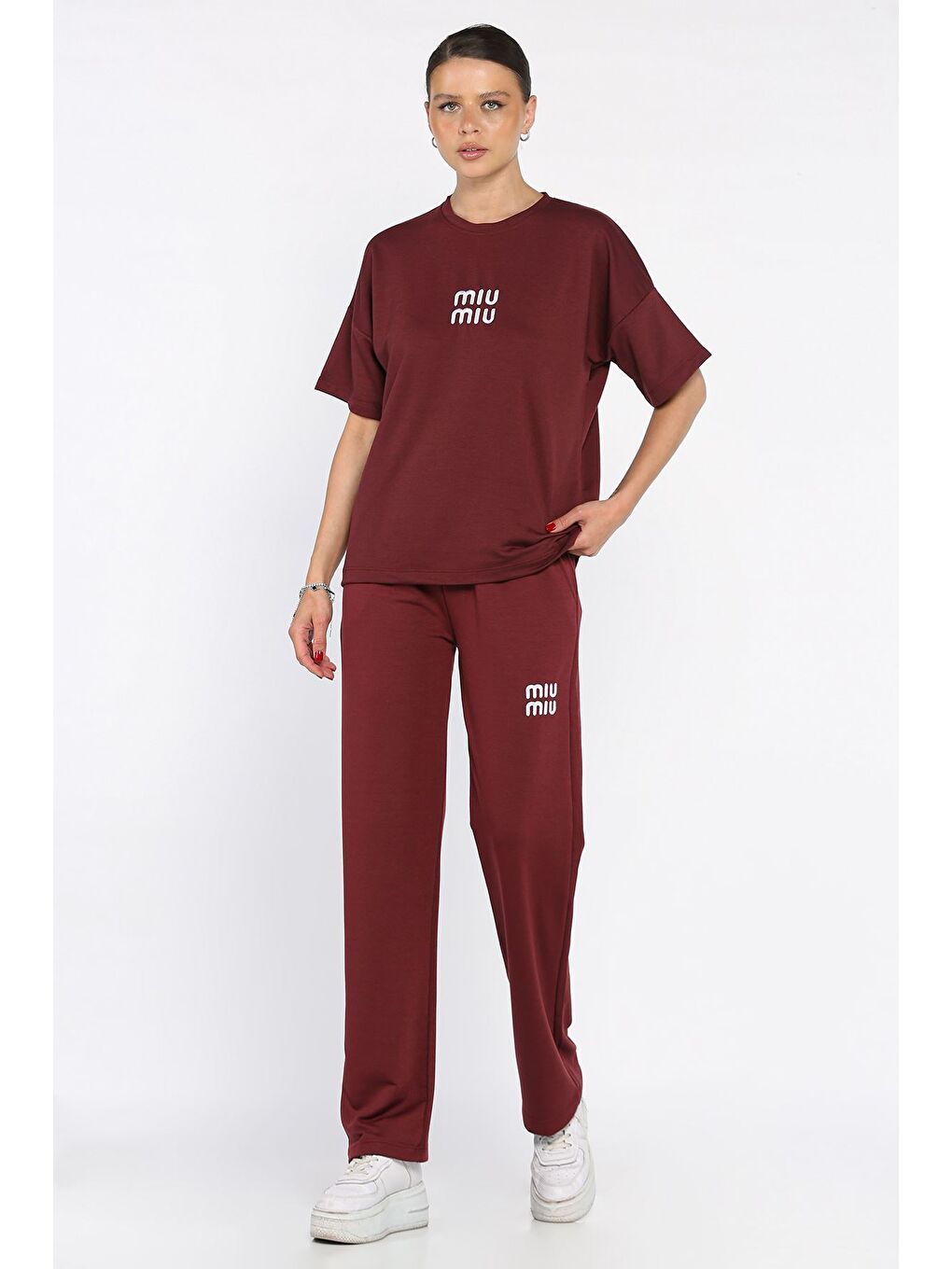 Bordo Kadın Nakış Detaylı Tişört Pantolon İkili Takım-1