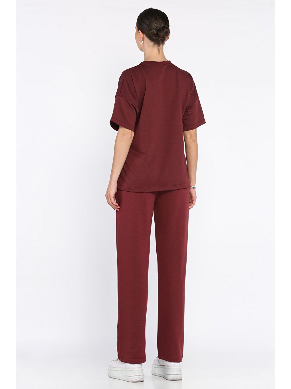 Bordo Kadın Nakış Detaylı Tişört Pantolon İkili Takım-2