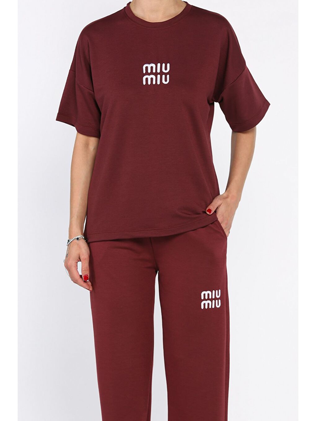 Bordo Kadın Nakış Detaylı Tişört Pantolon İkili Takım-3