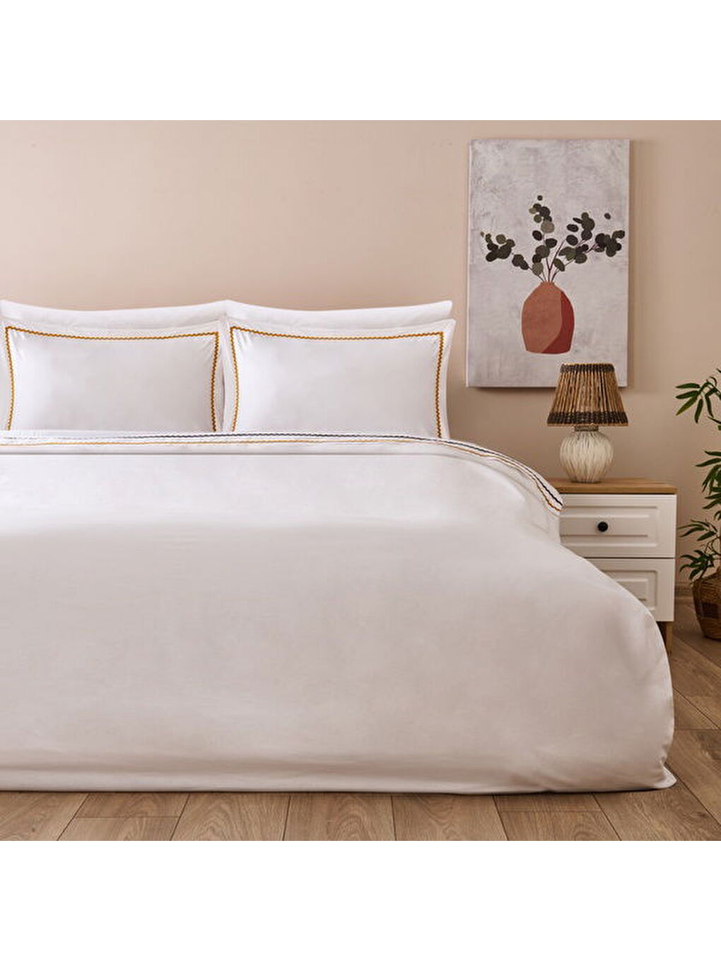 Soft Mustard Çift Kişilik Nevresim Takımı - Beyaz