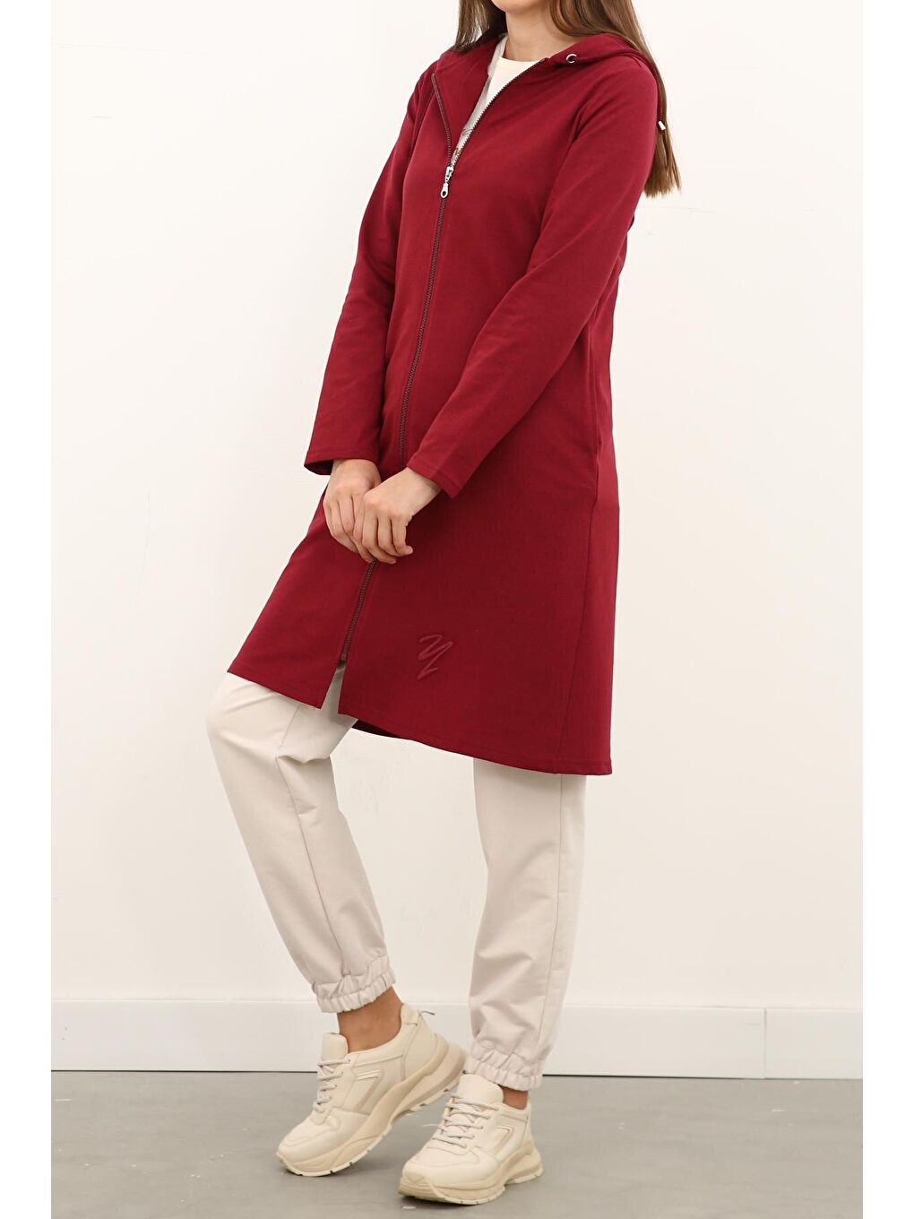 Bordo Fermuarlı Kapüşonlu Hırka-3