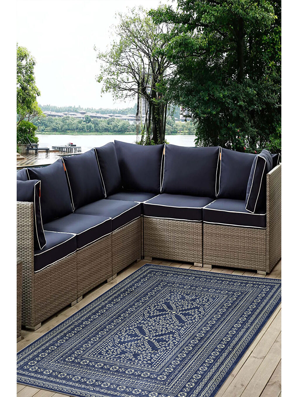 Lacivert Modern Dekoratif Yıkanabilir Kaymaz Taban Halı – İnce, Yumuşak Salon Halısı, Mutfak Halısı ve Yolluk-2