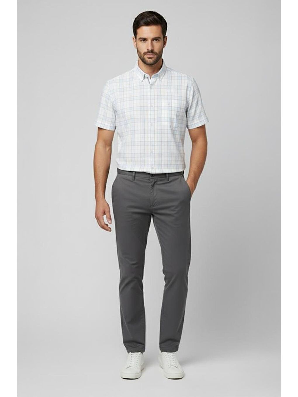 Erkek Beyaz Kısa Kollu Ekose Desenli Pamuk Gömlek – Düğmeli Yaka, Regular Fit-2