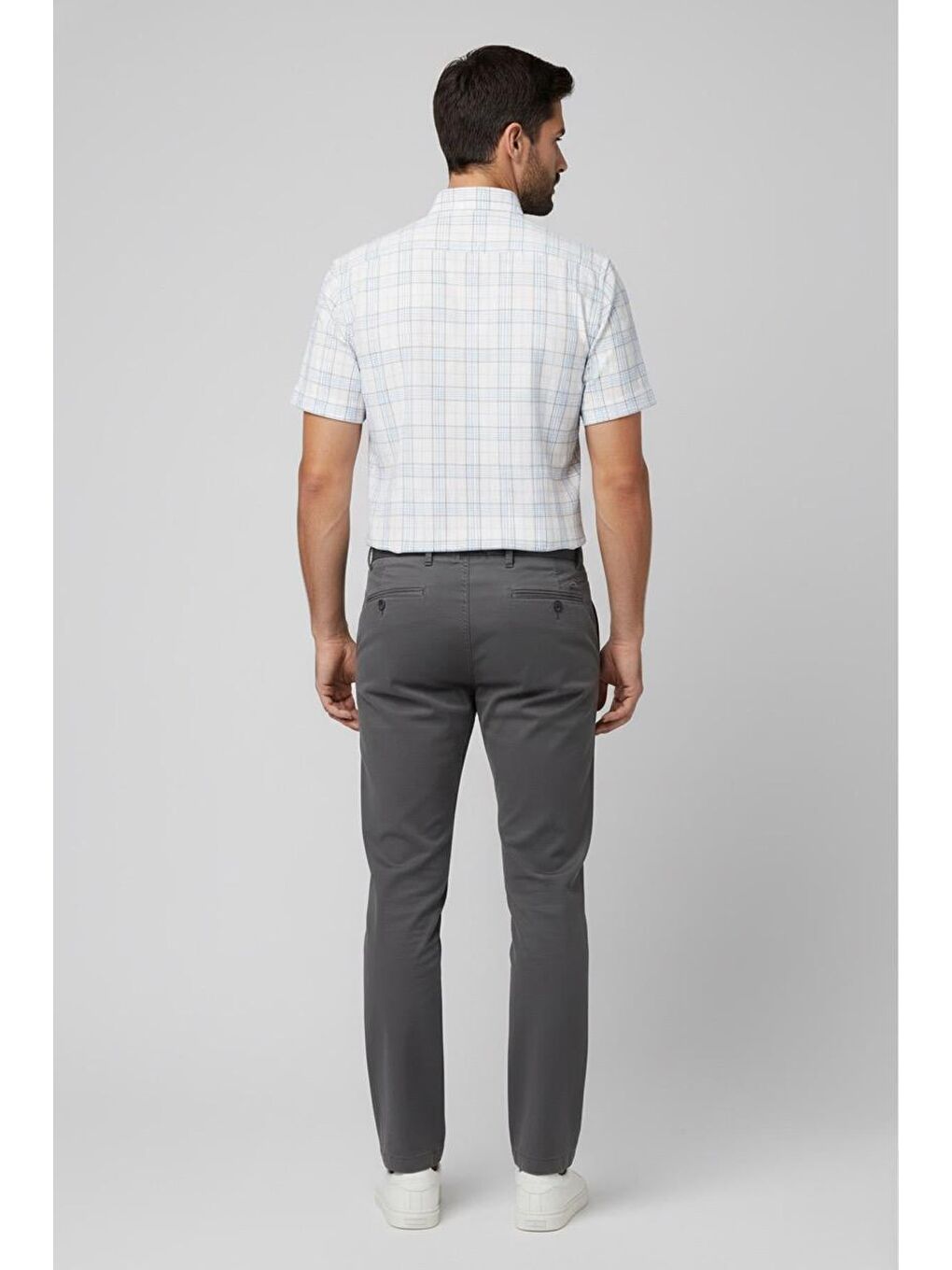 Erkek Beyaz Kısa Kollu Ekose Desenli Pamuk Gömlek – Düğmeli Yaka, Regular Fit-3