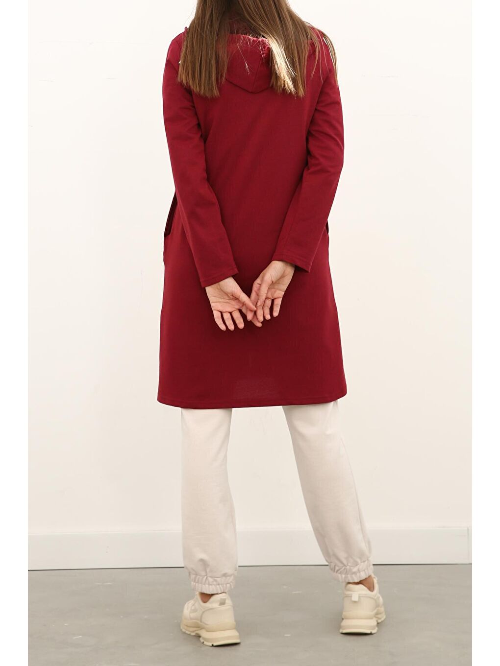 Bordo Fermuarlı Kapüşonlu Hırka-4