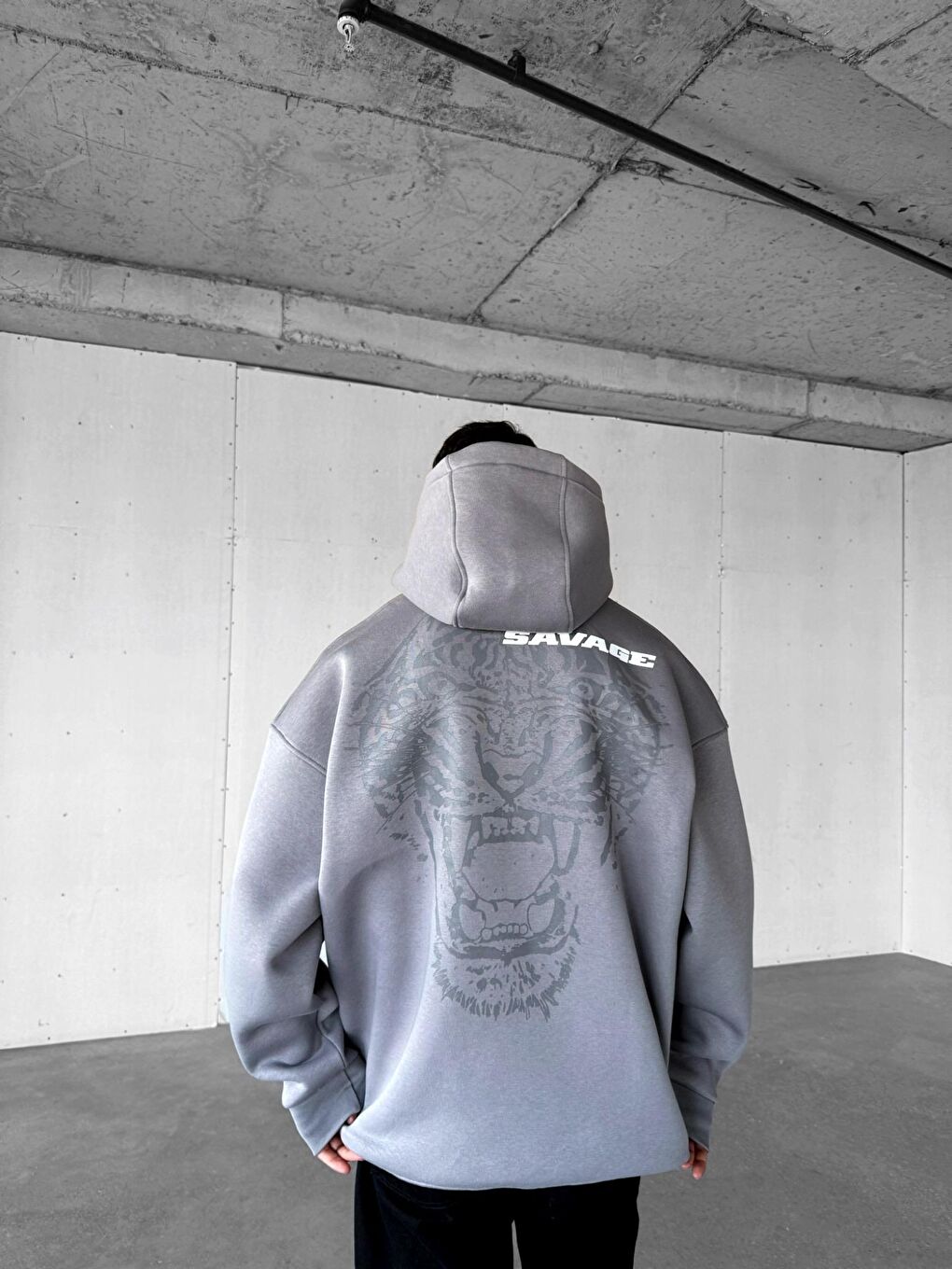 ablukaonline Erkek Oversize Savage Baskılı Premium Kapüşonlu Sweatshirt Gri