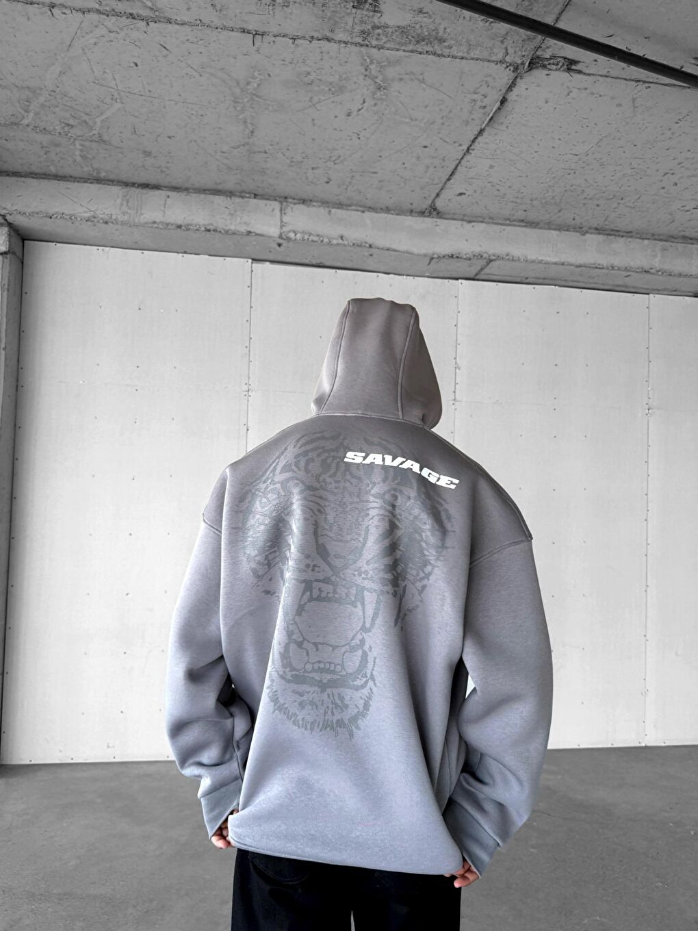 ablukaonline Erkek Oversize Savage Baskılı Premium Kapüşonlu Sweatshirt Gri - 3