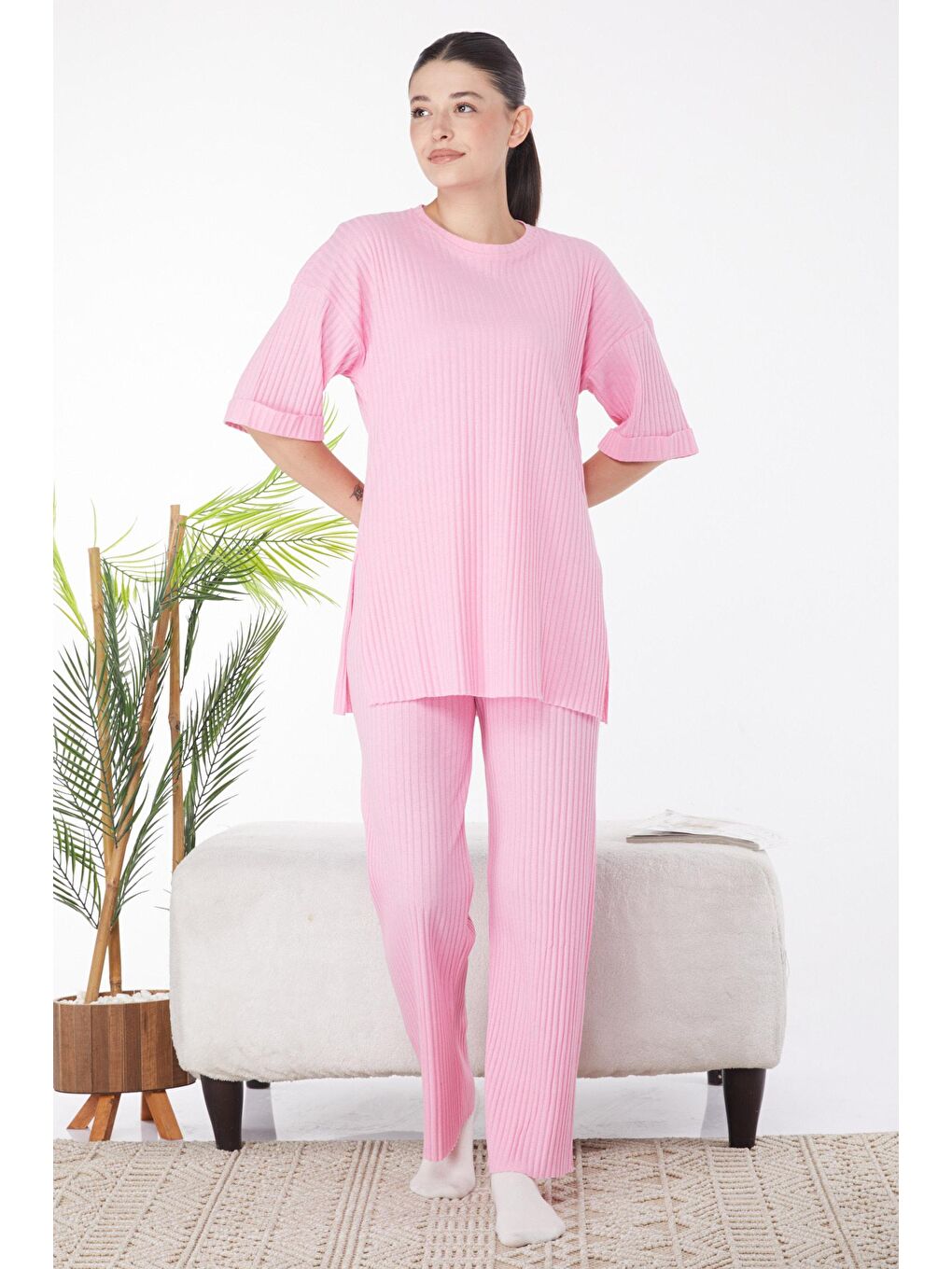 TOFİSA Pembe Düz Bisiklet Yaka Kadın Pembe Bislet Yaka Kısa Kollu Pijama Takımı - 24453 - 1