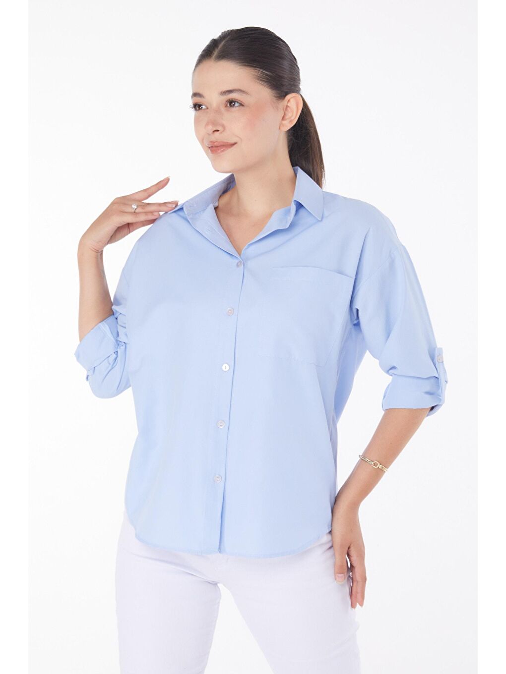 Gömlek Yaka Kadın Mavi Arkası Düğmeli Gömlek - 25913