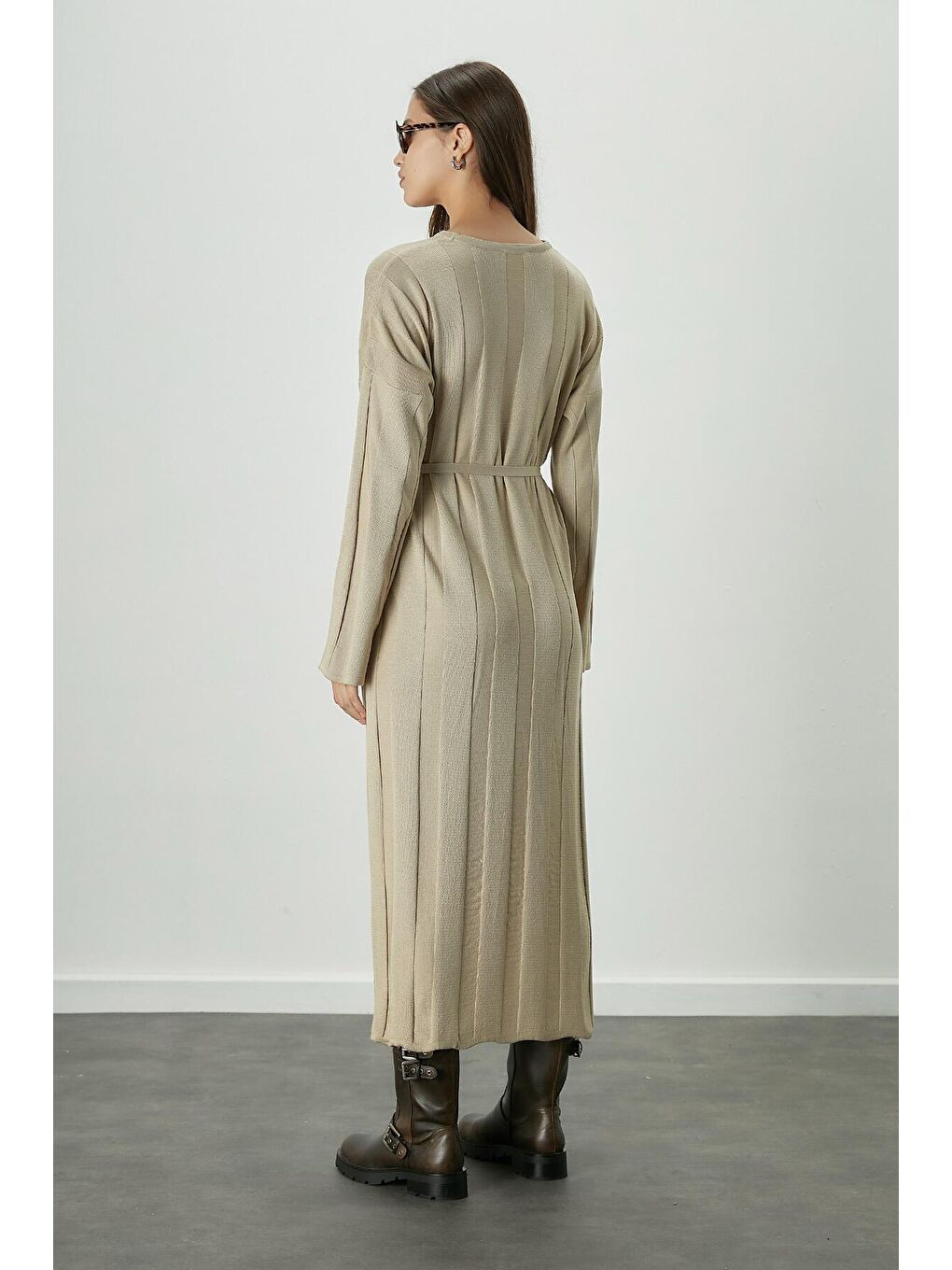 Fitilli Rahat Triko Elbise Bej-2