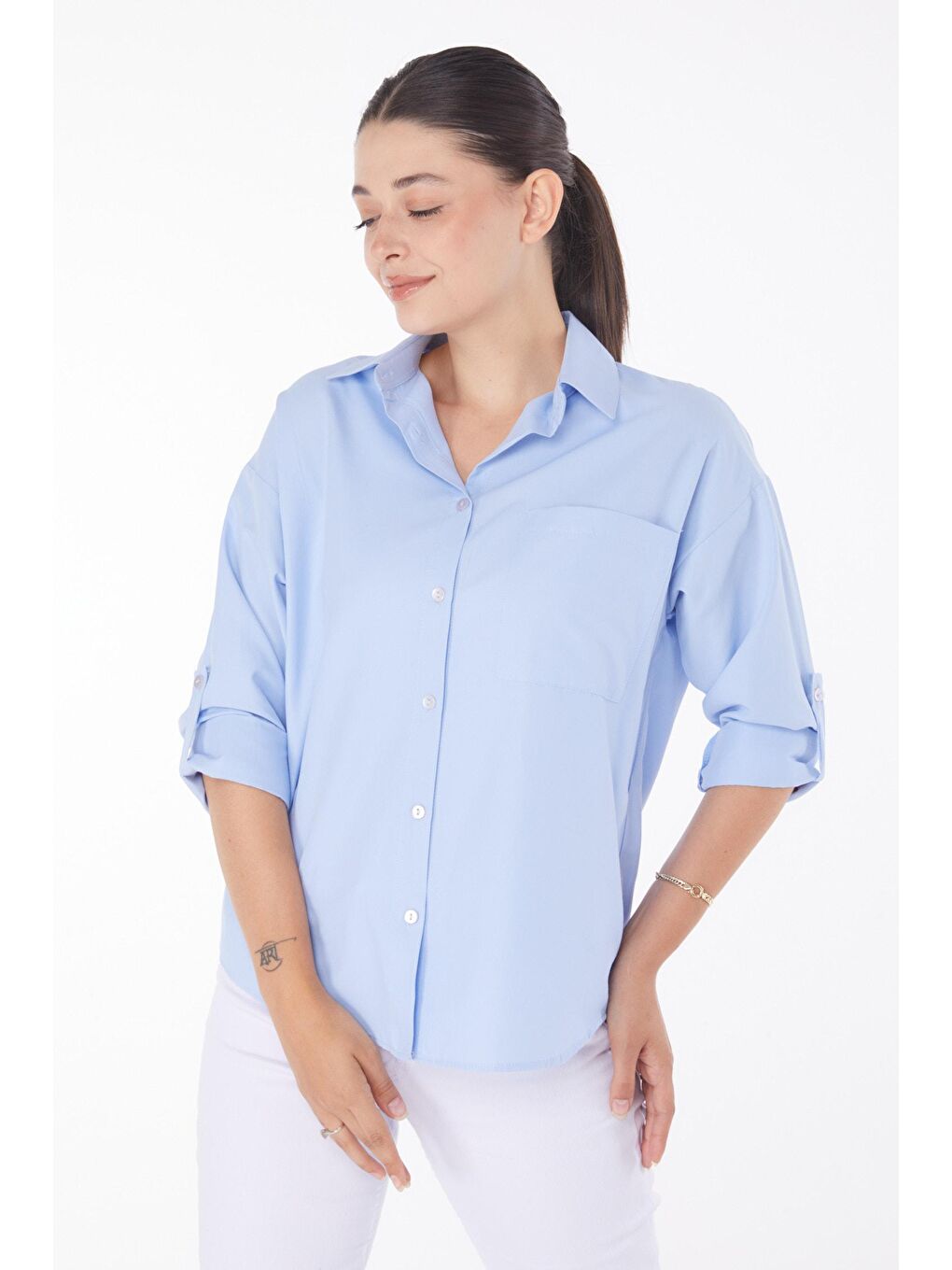 Gömlek Yaka Kadın Mavi Arkası Düğmeli Gömlek - 25913-1