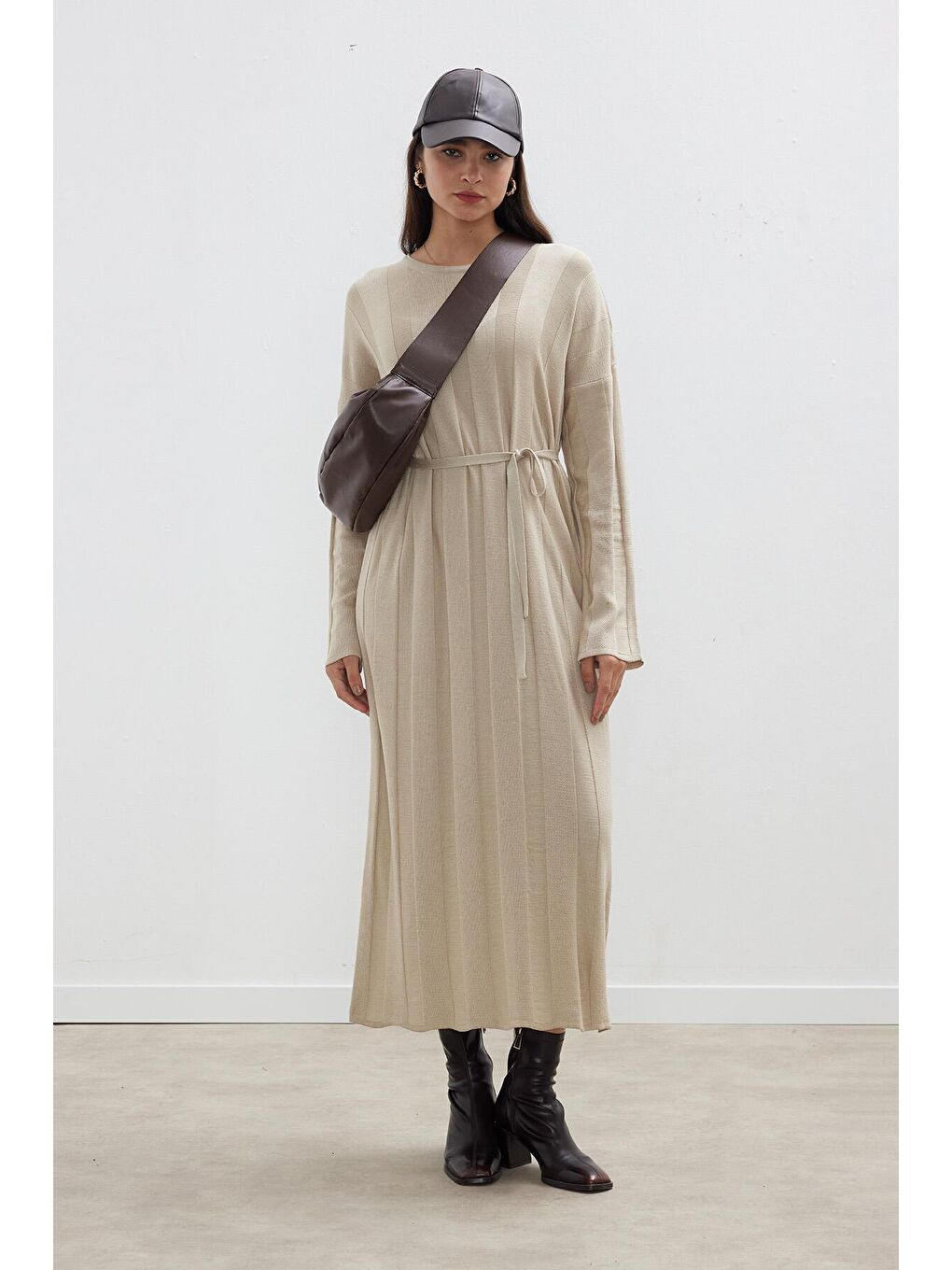 Fitilli Rahat Triko Elbise Bej-3