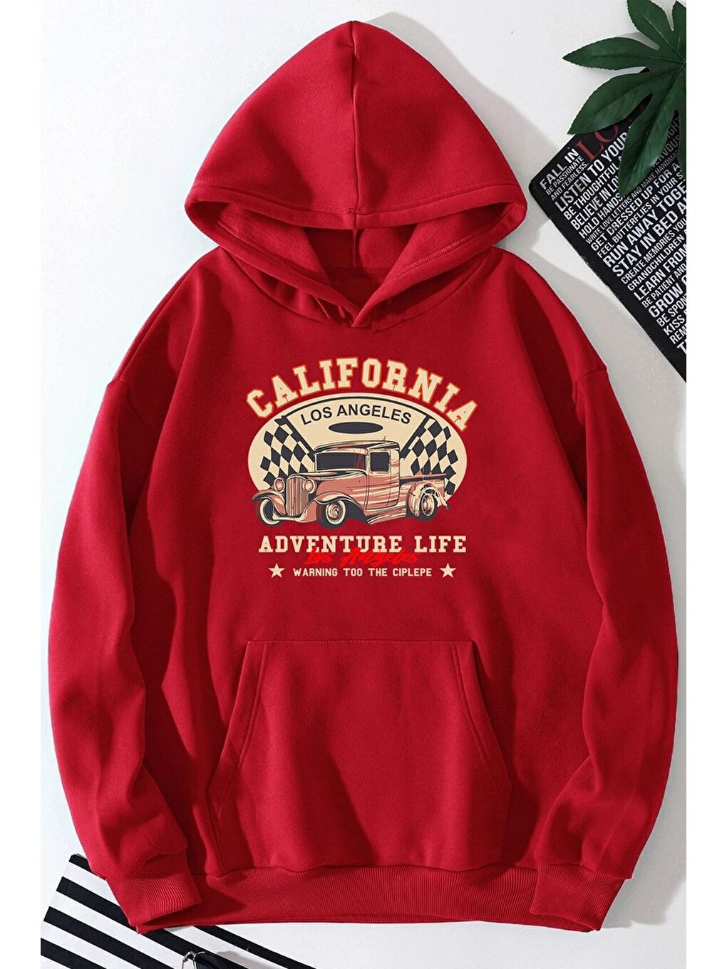 uyguntarz Kırmızı Unisex California Baskılı Kapüşonlu Sweatshirt