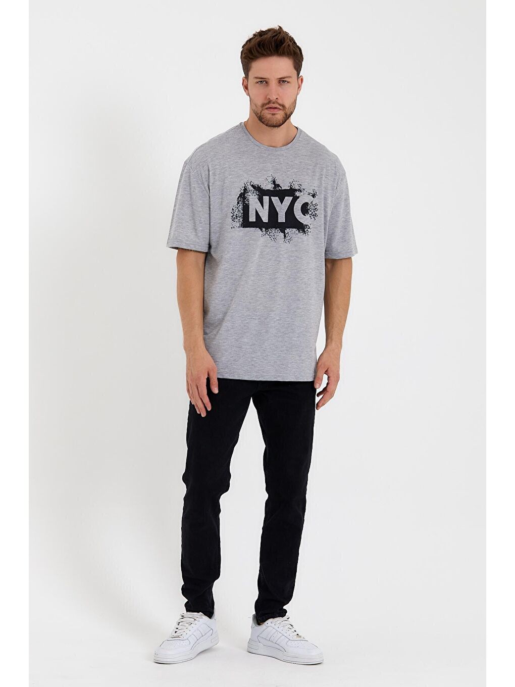 Gri Erkek Bisiklet Yaka Regular Fit NYC Baskılı Tişort SPR22TS114-4
