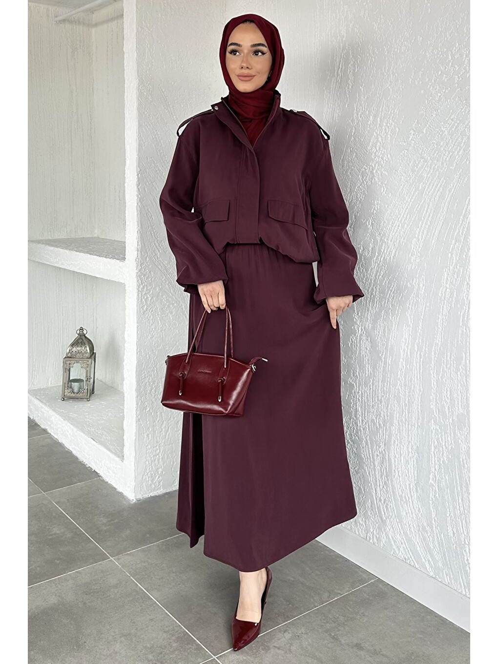 Bordo Gülseli Astarlı Ceket Etek Tesettür İkili Takım-3