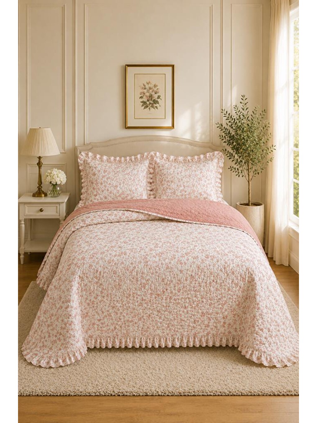Pembe Florin Elyaf Dolgulu Çift Taraflı Çift Kişilik 240x260 Cm Yatak Örtüsü Pudra
