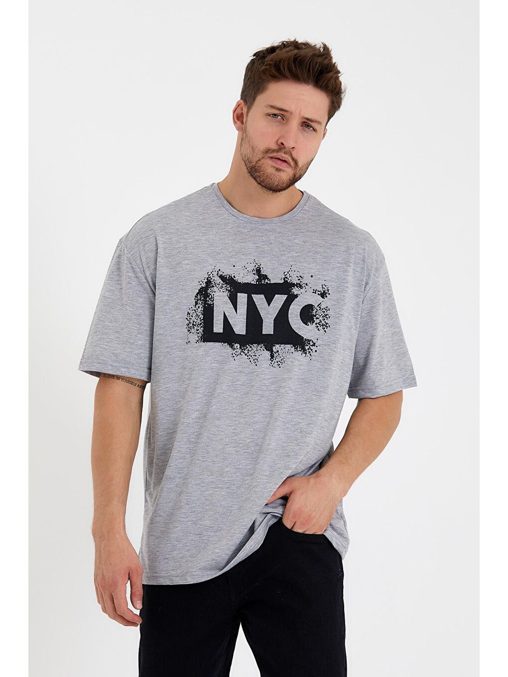 Gri Erkek Bisiklet Yaka Regular Fit NYC Baskılı Tişort SPR22TS114-3