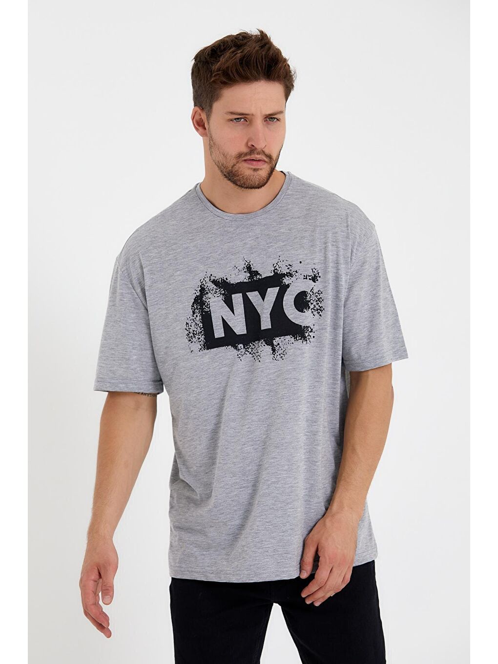 Gri Erkek Bisiklet Yaka Regular Fit NYC Baskılı Tişort SPR22TS114-2