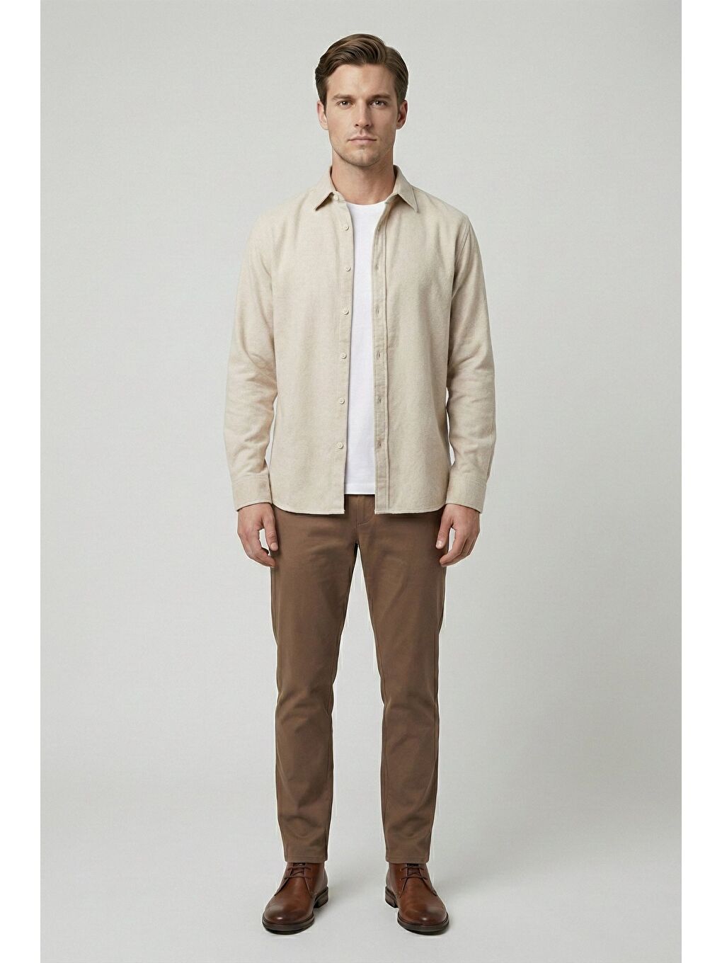 Bej Regular Fit Pamuklu Uzun Kollu Düz Polo Yaka Erkek Gömlek-1
