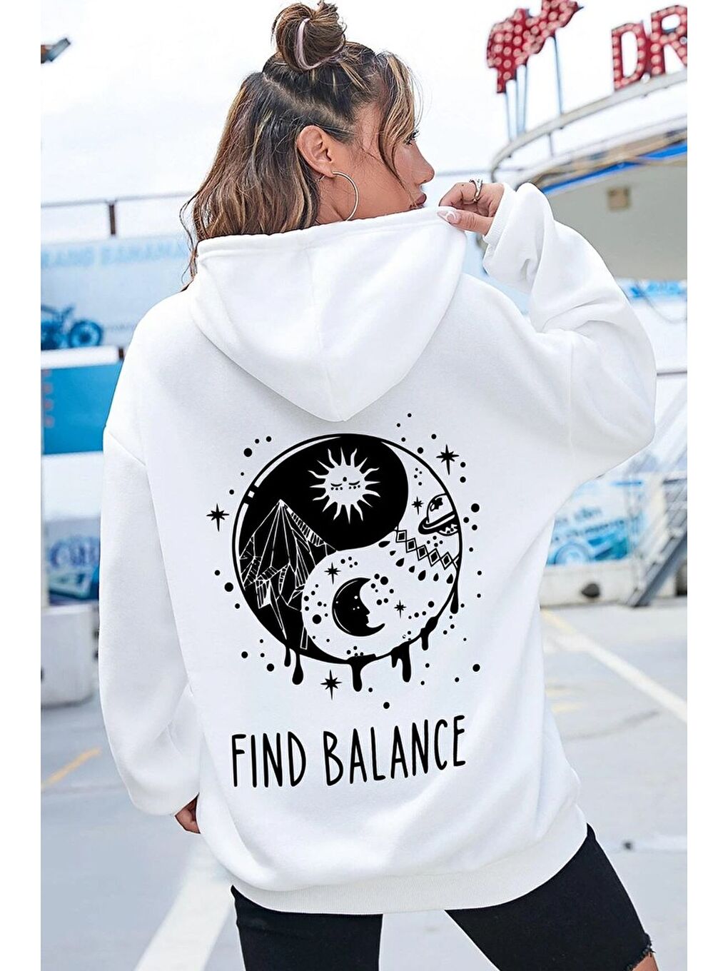 uyguntarz Beyaz Unisex Yin & Yang Tasarım Sweatshirt