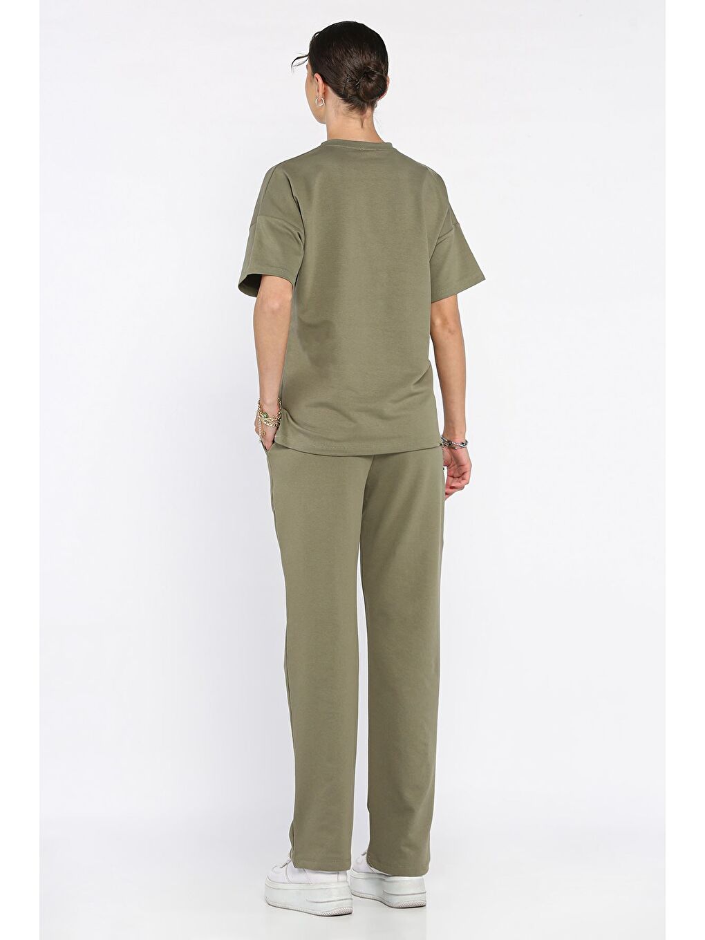 Haki Kadın Nakış Detaylı Bisiklet Yaka Tişört Pantolon İkili Takım-2