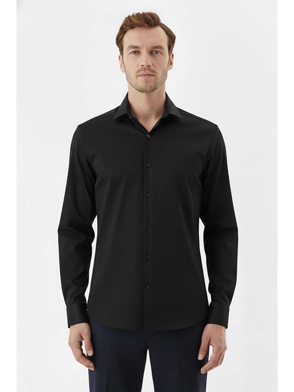 Erkek Siyah Düz Örme Klasik Yaka Slim Fit Gömlek