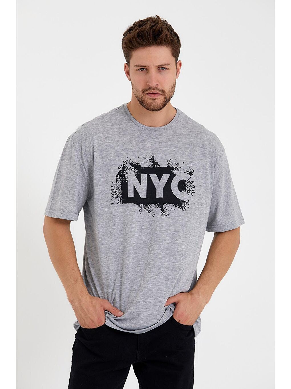 Gri Erkek Bisiklet Yaka Regular Fit NYC Baskılı Tişort SPR22TS114-1