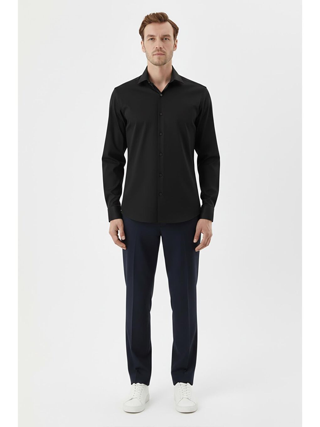 Erkek Siyah Düz Örme Klasik Yaka Slim Fit Gömlek-1