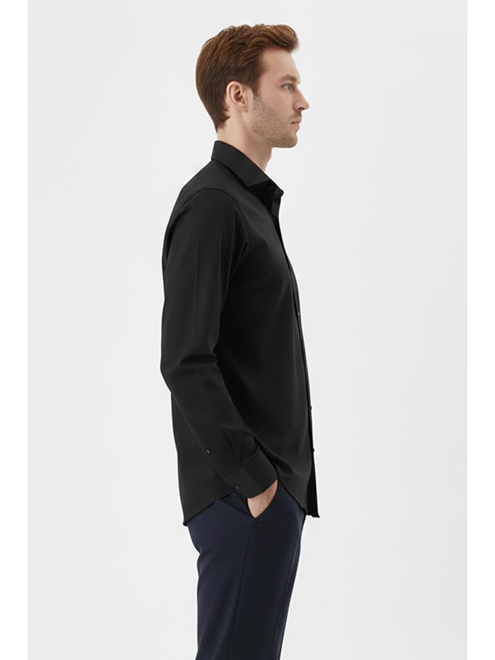 Erkek Siyah Düz Örme Klasik Yaka Slim Fit Gömlek-2