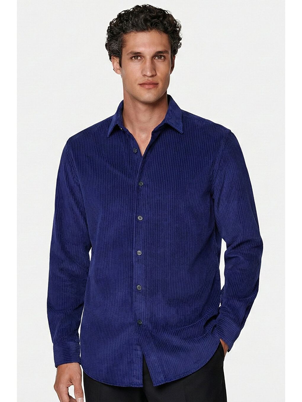 Lacivert Comfort Fit Pamuklu Fitilli Kadife Uzun Kollu Polo Yaka Erkek Gömlek