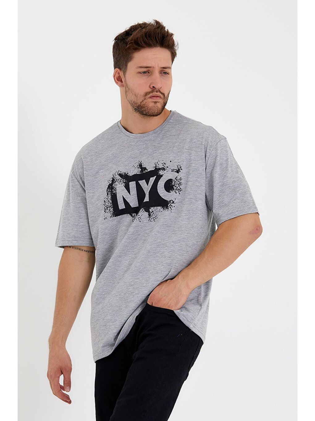 Gri Erkek Bisiklet Yaka Regular Fit NYC Baskılı Tişort SPR22TS114