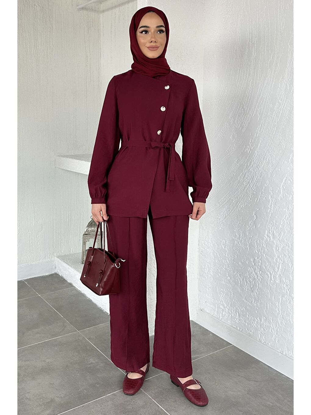 Bordo Düğmeli Bluz Pantolon Tesettür İkili Takım