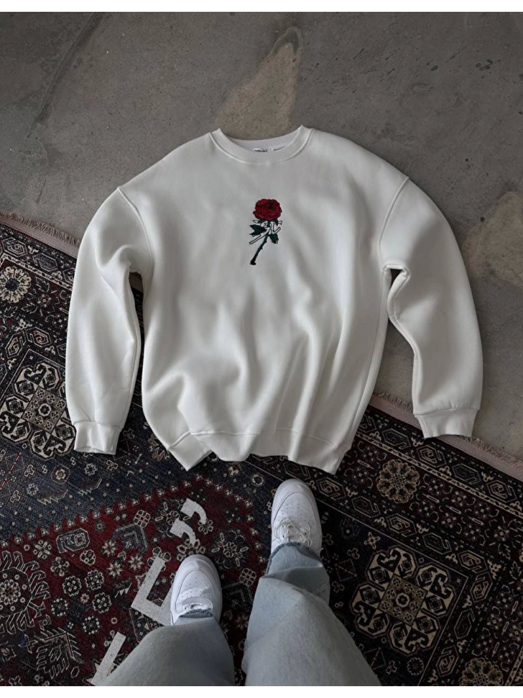 Unisex Bisiklet Yaka Ön Ve Arka Baskılı Sweatshirt - Beyaz-1