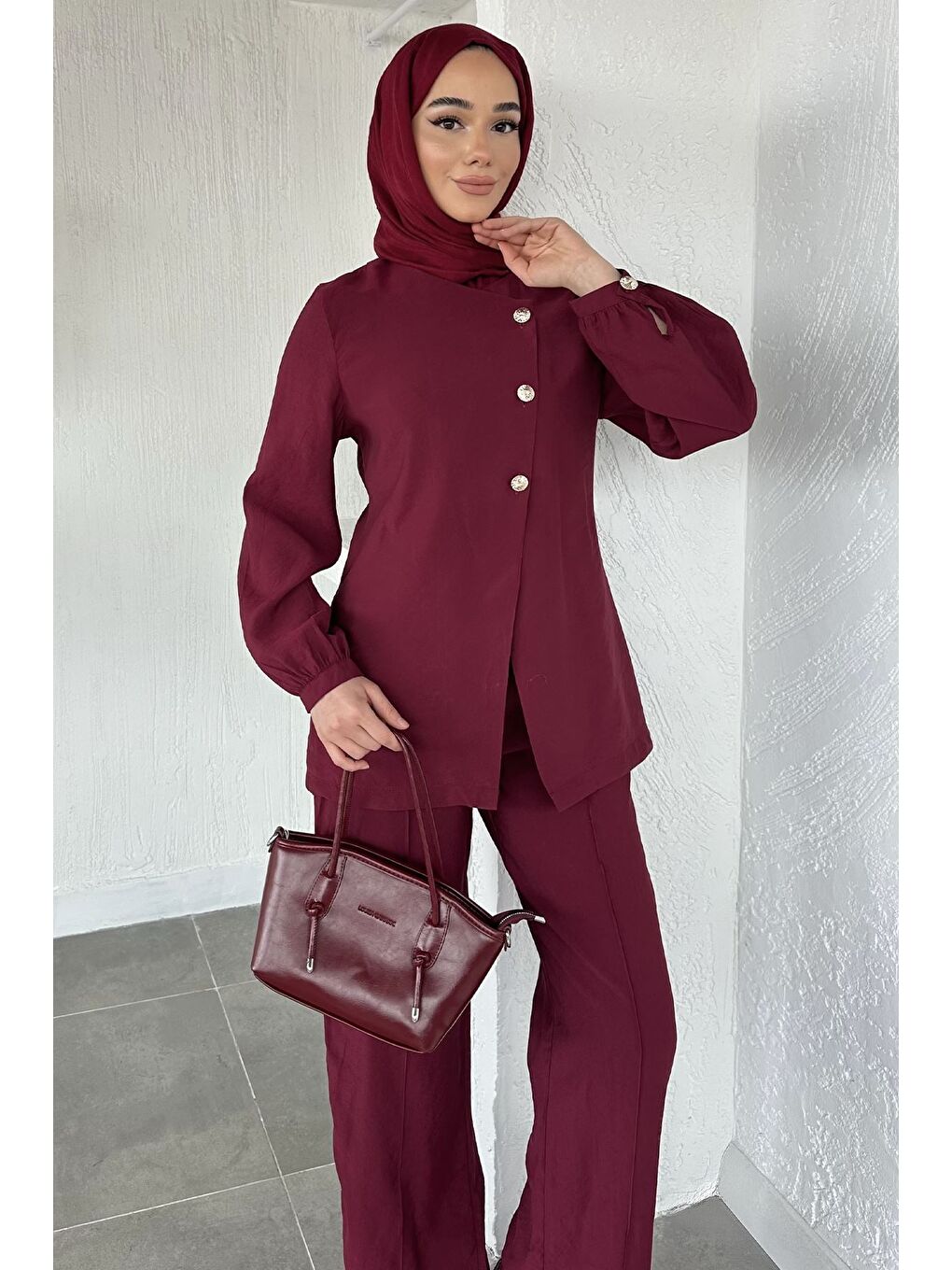 Bordo Düğmeli Bluz Pantolon Tesettür İkili Takım-3