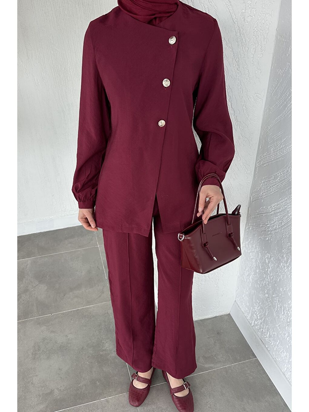 Bordo Düğmeli Bluz Pantolon Tesettür İkili Takım-5