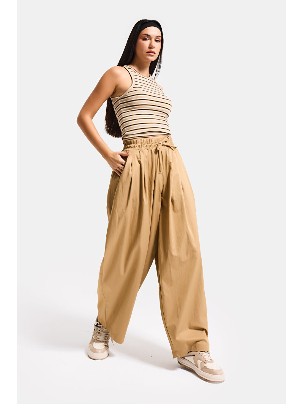 Kahverengi Kadın Kahve s6-76 Süper Balon Fit Bol Kesim Özel Kumaş Pantolon-4