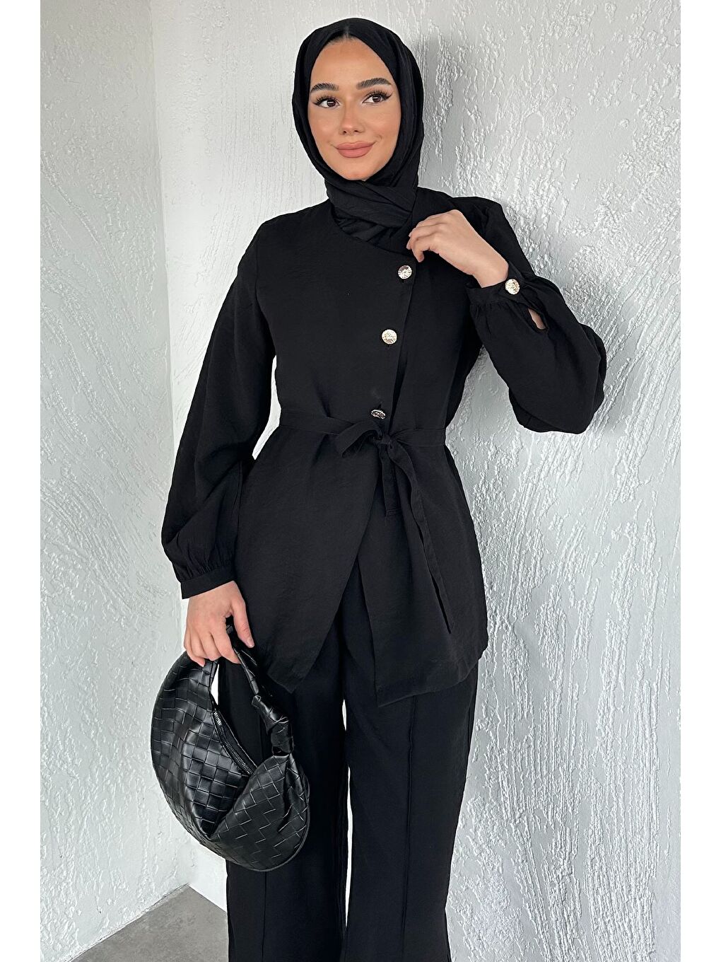 Siyah Düğmeli Bluz Pantolon Tesettür İkili Takım-3