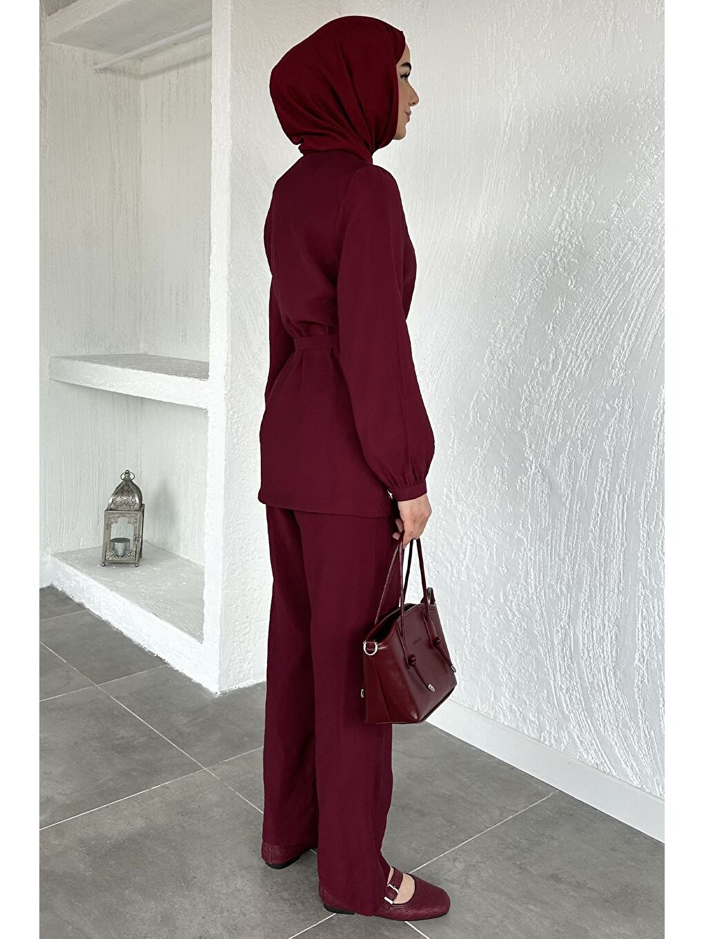 Bordo Düğmeli Bluz Pantolon Tesettür İkili Takım-7